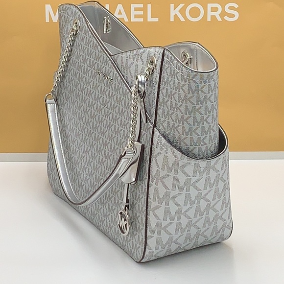 MICHAEL KORS JET SET LARGE X CHAIN SHOULDER TOTE SILVER SIGNATURE COLOR - Picture 5 of 16